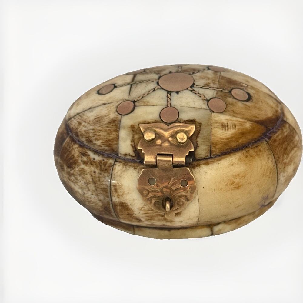 Vintage 1970s Camel Bone Oval Trinket Box Brass Sunburst Inlay Owl Clasp Velvet